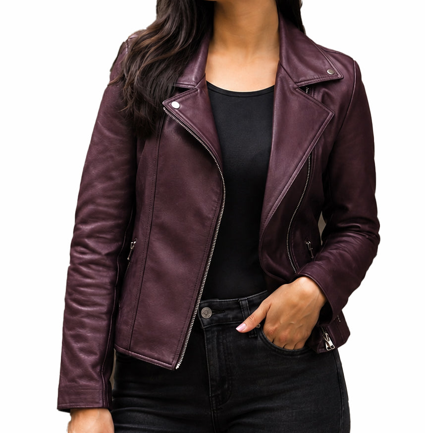 Women's Burgundy Genuine Leather Biker Jacket - Aurenza London
