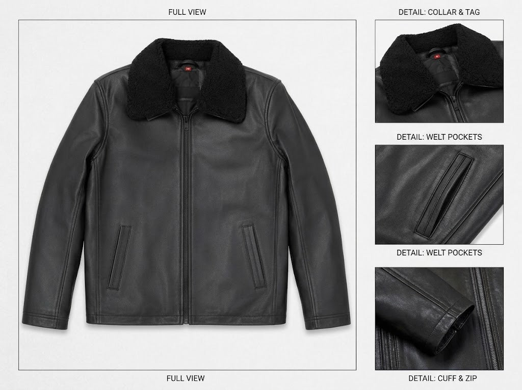 Black Leather Shearling Collar Jacket