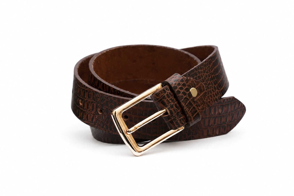 Aurenza London Dark Brown Crocodile-Embossed Leather Belt – Gold-Tone GB-CR09