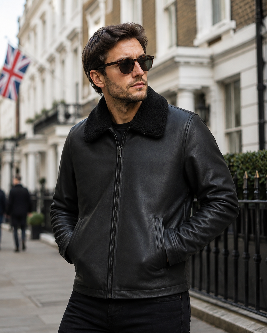 Black Leather Shearling Collar Jacket