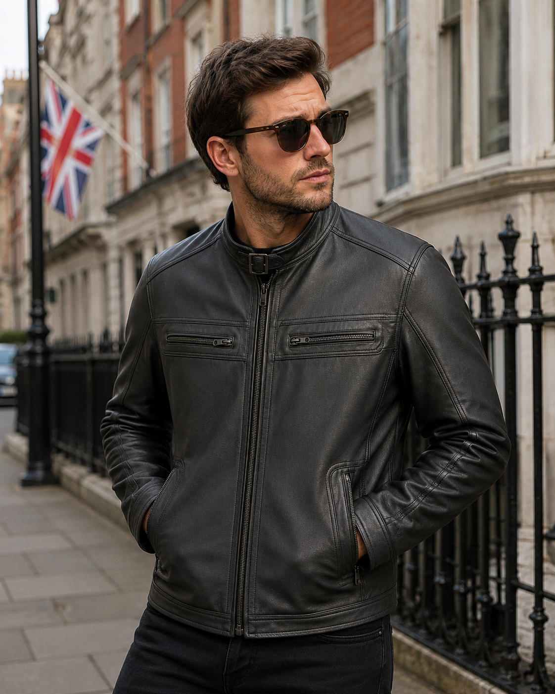 Charcoal (Black) Leather Racer Jacket