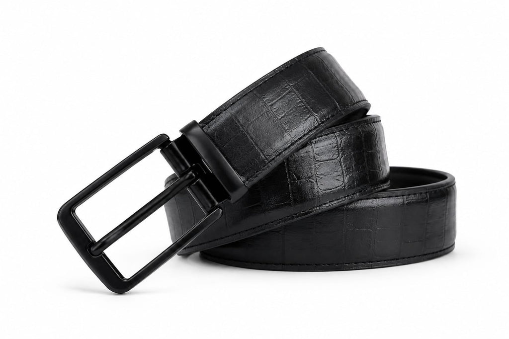 Aurenza London Black Crocodile-Embossed Leather Belt – Matte Black GB-CR05