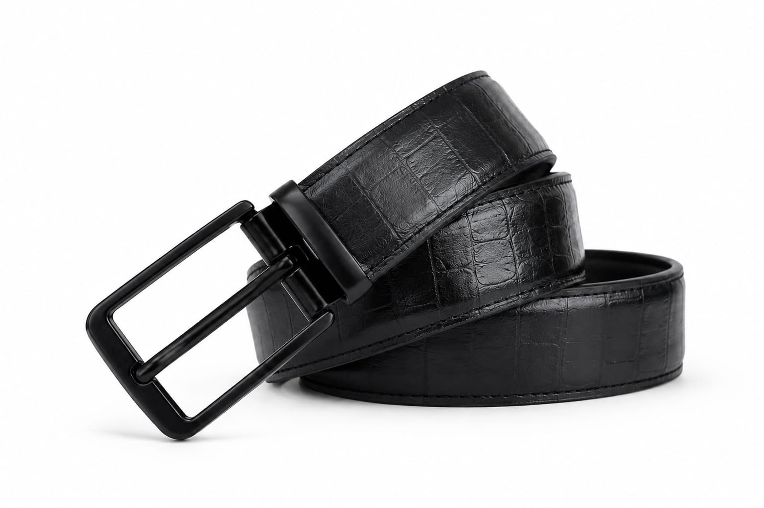 Aurenza London Black Crocodile-Embossed Leather Belt – Matte Black GB-CR05