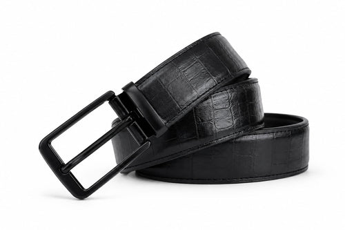 Aurenza London Black Crocodile-Embossed Leather Belt – Matte Black GB-CR05