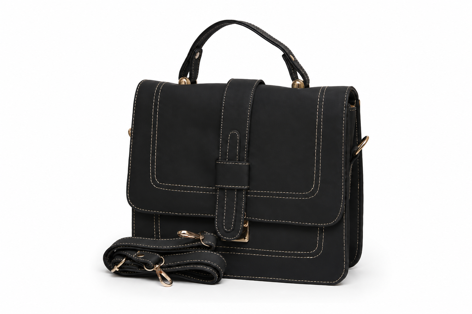 Black Structured Top Handle Handbag