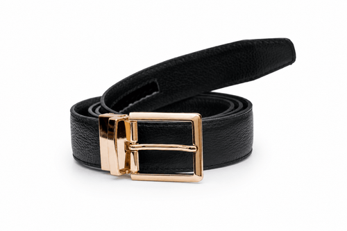 Aurenza London Black Textured Leather Belt – Rose Gold GB-RG07