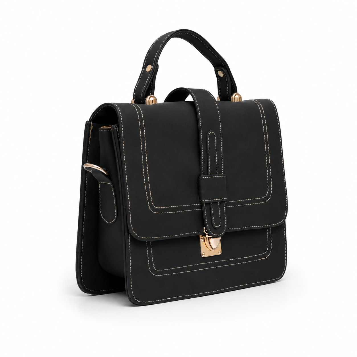 Black Structured Top Handle Handbag
