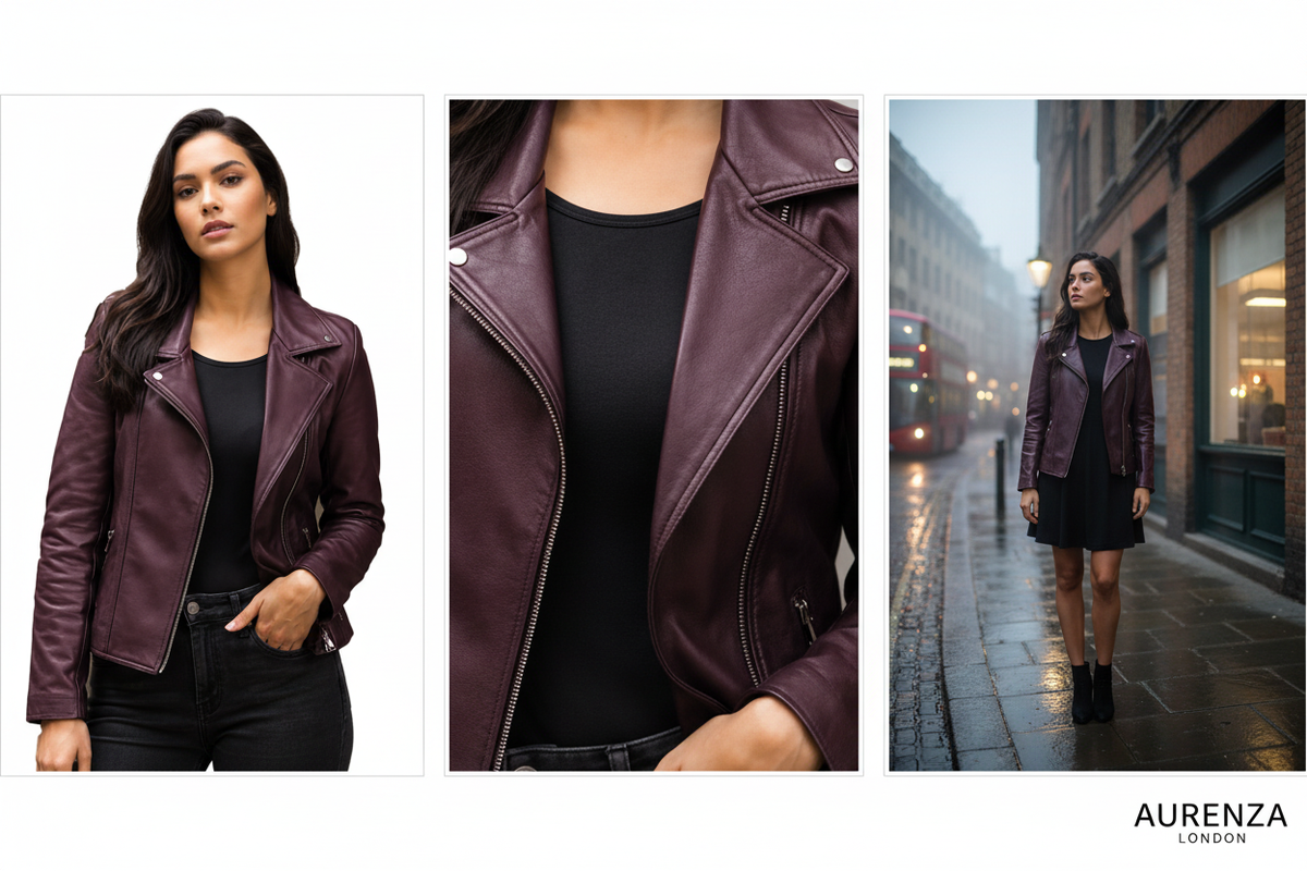Women's Burgundy Leather Jacket Collage - Aurenza London